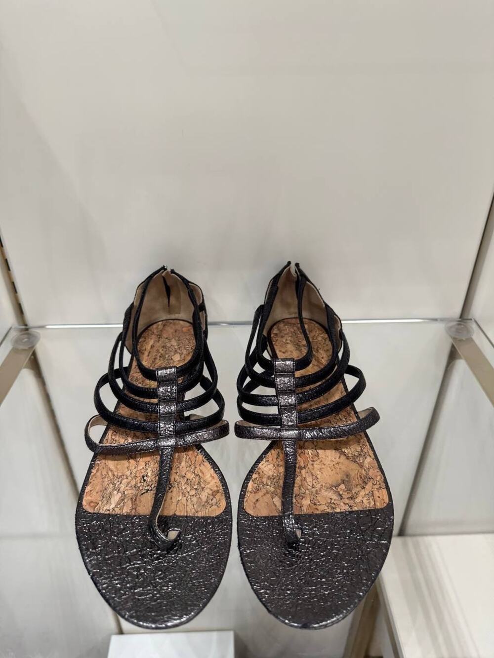 CHANEL T-Strap Metallic Gunmetal Zip Sandals Size 42